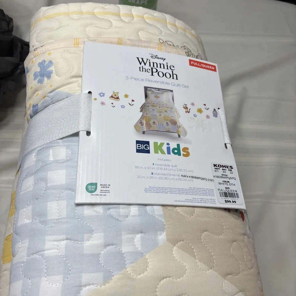 BIG Kids Disney Winnie The Pooh 3 Piece Reversible Quilt Set Full/Queen